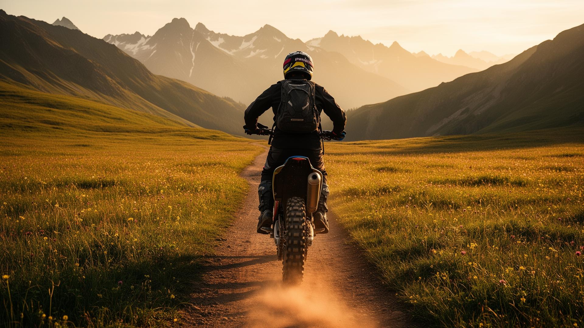 Adventure enduro rider heading into golden hour through an alpine meadow trail