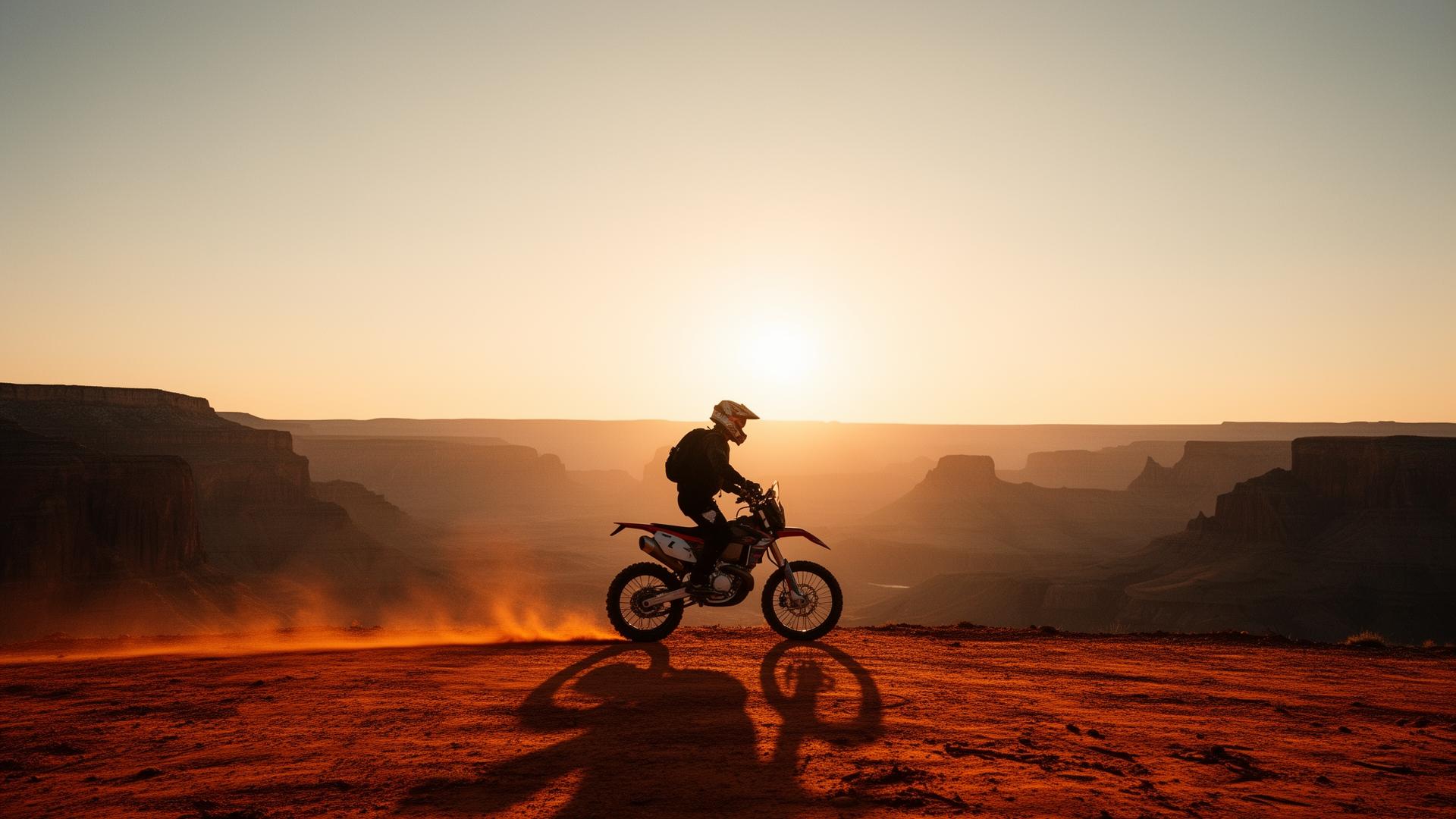 Lone enduro rider silhouetted against a vast desert canyon at sunset