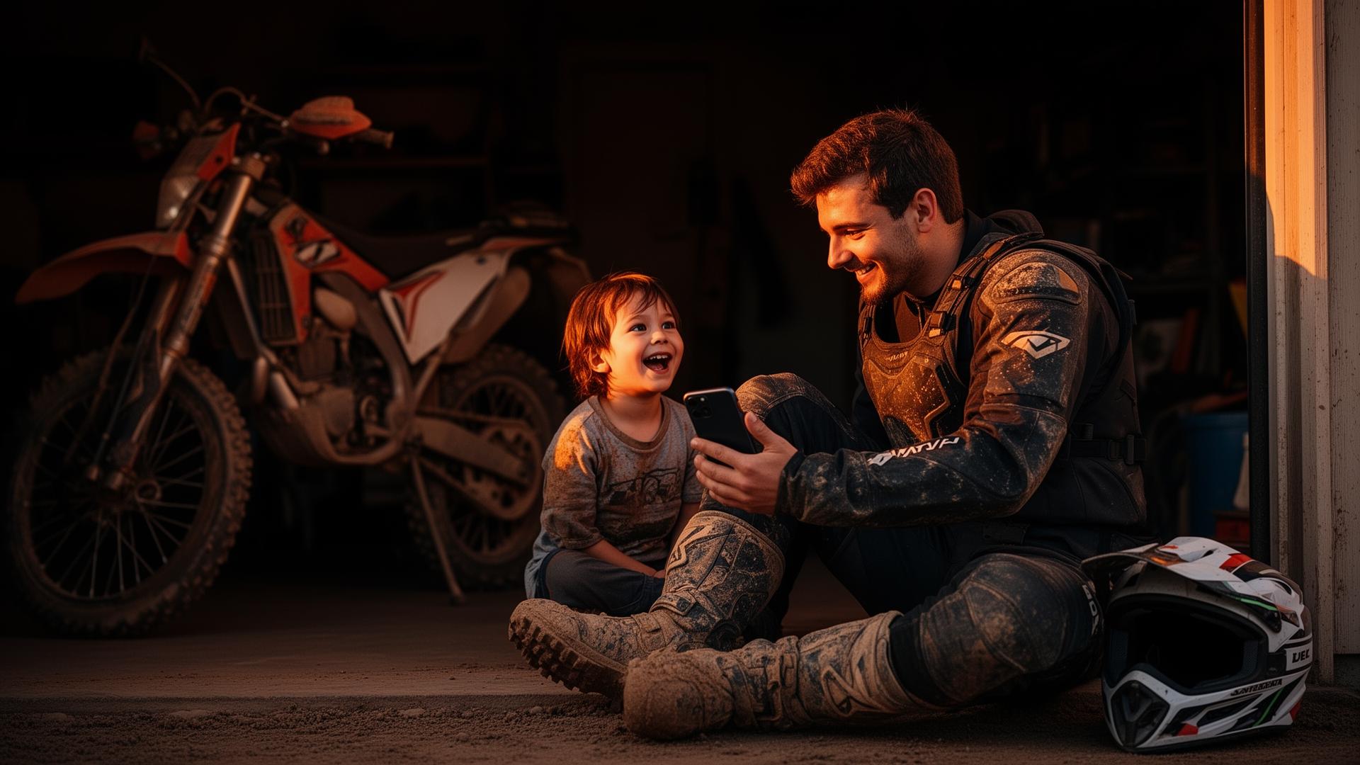 Off-road dirt bike rider back home showing 4K trail footage to his young child on a phone at sunset