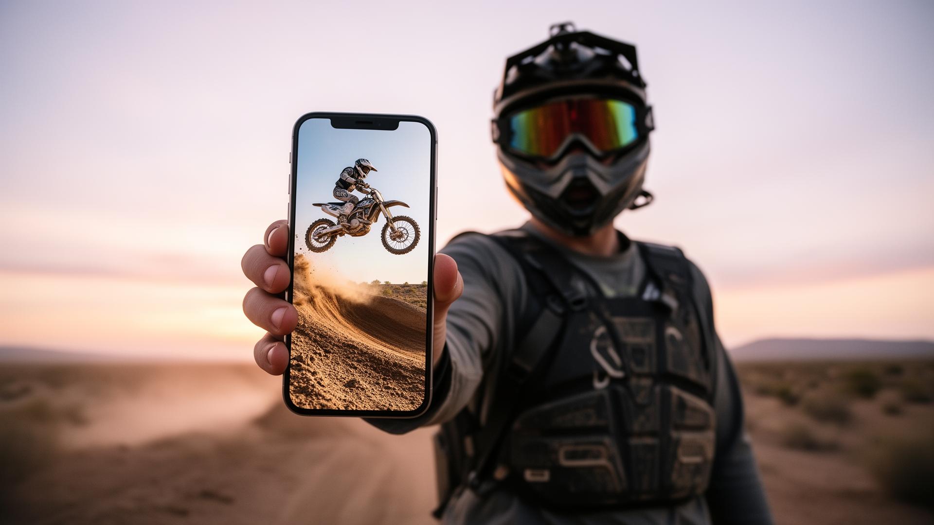 Dirt-bike rider in full motocross helmet holding up a phone showing his own POV riding clip at sunset